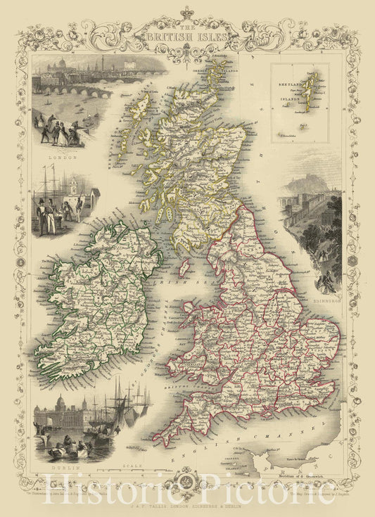 British Isles - Regional Map with Vignettes, 1851 | Historical Map Print