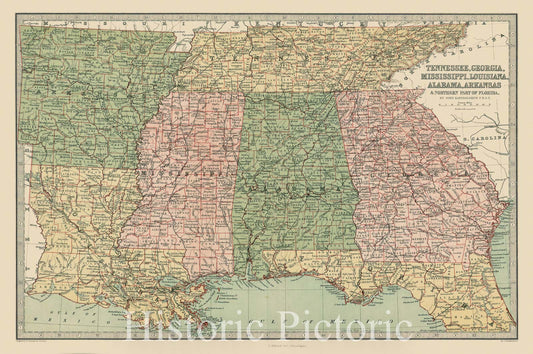 Southeastern United States - Regional Map, 1875 | Historical Map Print