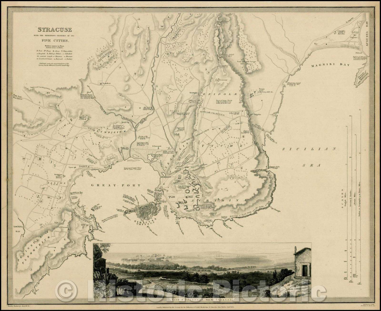 Historic Map - Syracuse with the Remaining Vestiges of the Five Cities, 1839, SDUK - Vintage Wall Art