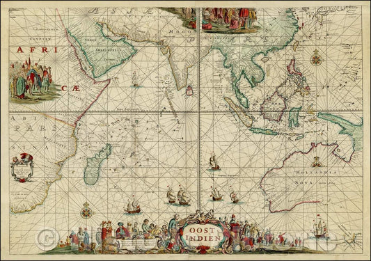 Historic Map - Oost Indien Wassende-Graade Paskaart, vertoonende nevens het Oosterlykste van Afrika, meede de Zeekusten van Asia, van C. de Bona Esperance tot Eso, 1690 - Vintage Wall Art