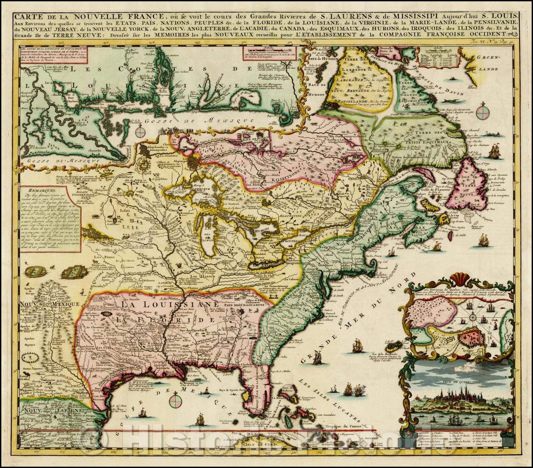 Historic Map - Carte De La Nouvelle France, ou se voit le cours des Grandes Rivieres de. S. Laurens & de Mississipi, 1719, Henri Chatelain v1