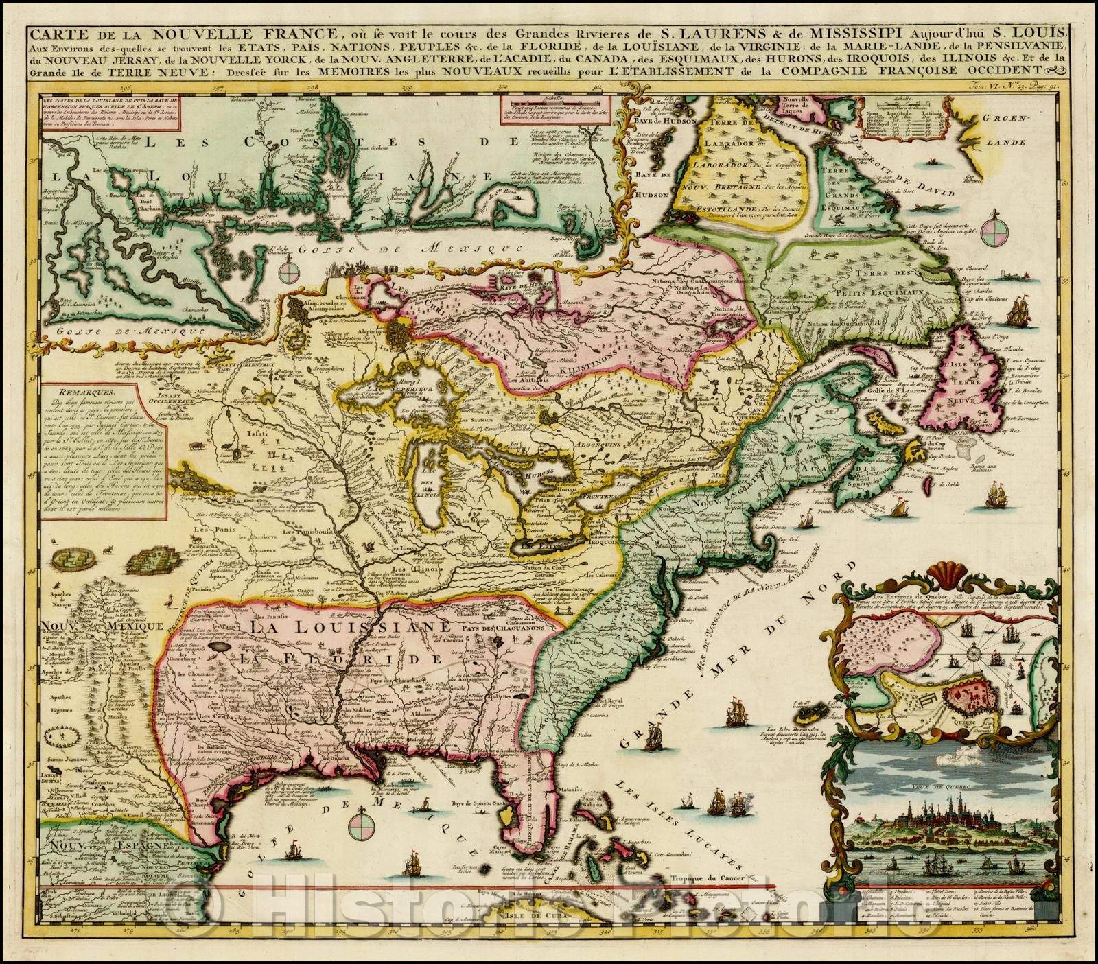 Historic Map - Carte De La Nouvelle France, ou se voit le cours des Grandes Rivieres de. S. Laurens & de Mississipi, 1719, Henri Chatelain v1