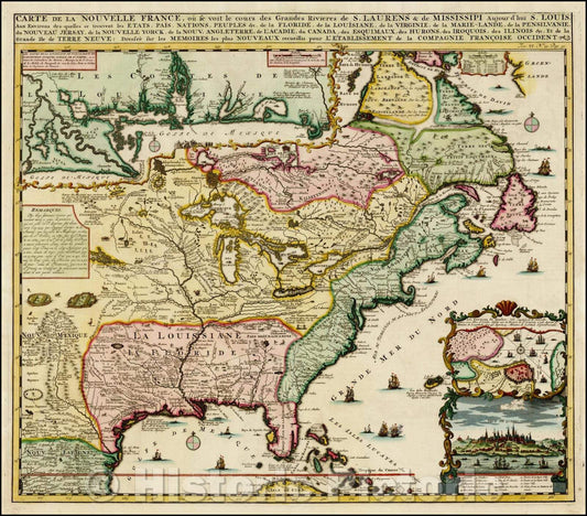 Historic Map - Carte De La Nouvelle France, ou se voit le cours des Grandes Rivieres de. S. Laurens & de Mississipi, 1719, Henri Chatelain v1