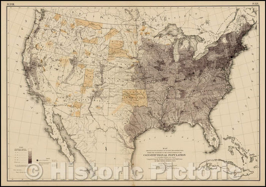 Historic Map - Map Showing In Five Degrees of Density, Distribution, Within The Territory of United States of the Contitutional Population, ie, 1871 - Vintage Wall Art