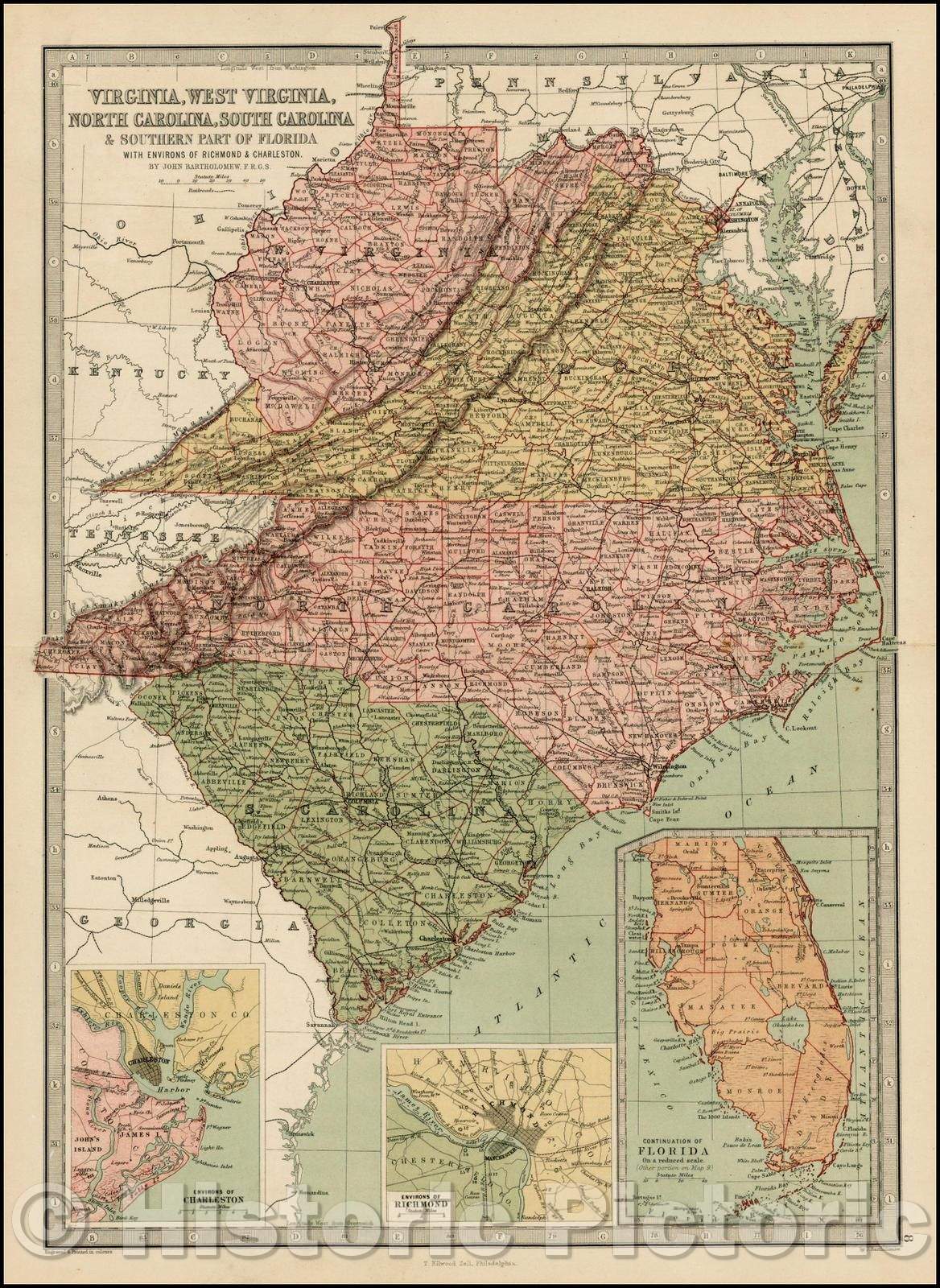 Historic Map - Virginia, West Virginia, North Carolina, South Carolina & Southern Part of Florida with Environs of Richmond & Charleston, 1875, T. Ellwood Zell - Vintage Wall Art