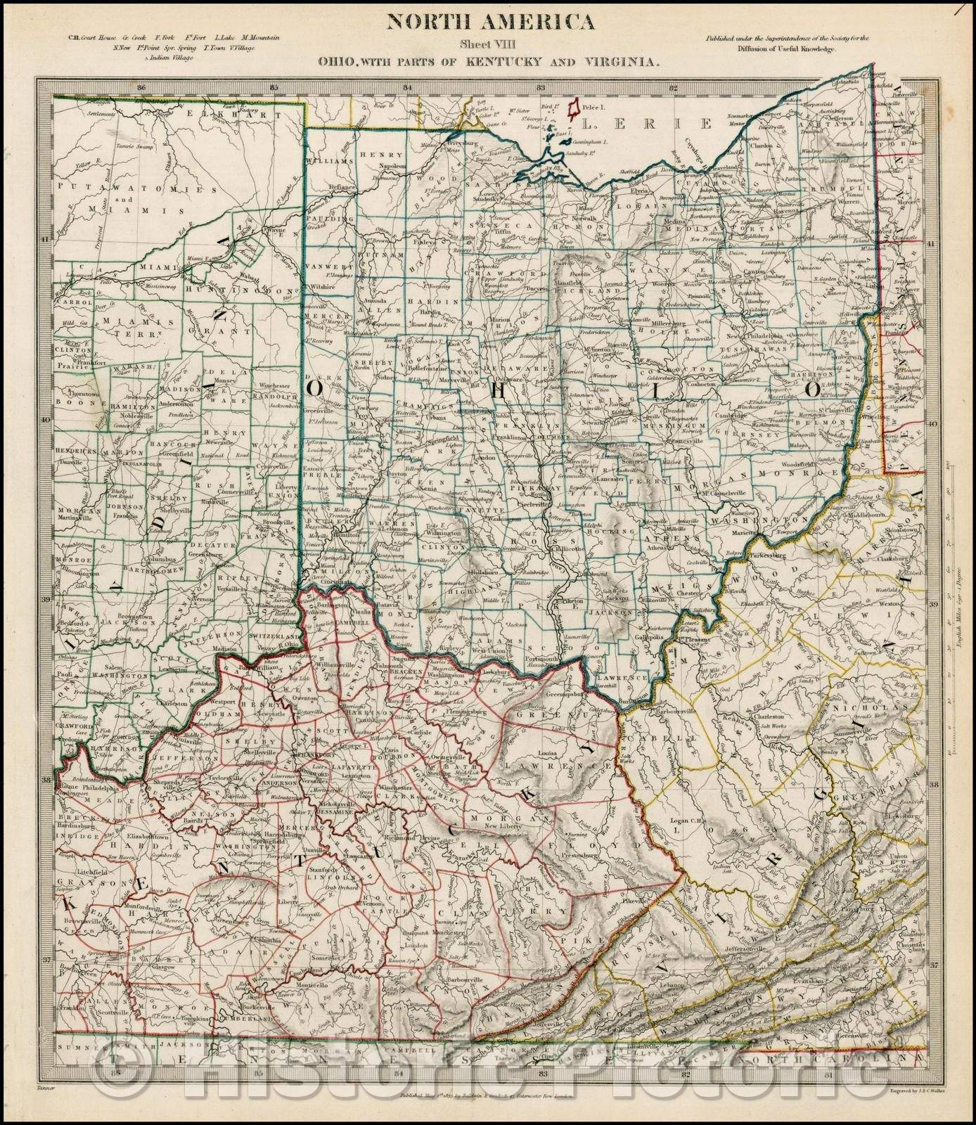 Historic Map - North America Sheet VIII Ohio, With Parts Of Kentucky And Virginia, 1833, SDUK - Vintage Wall Art