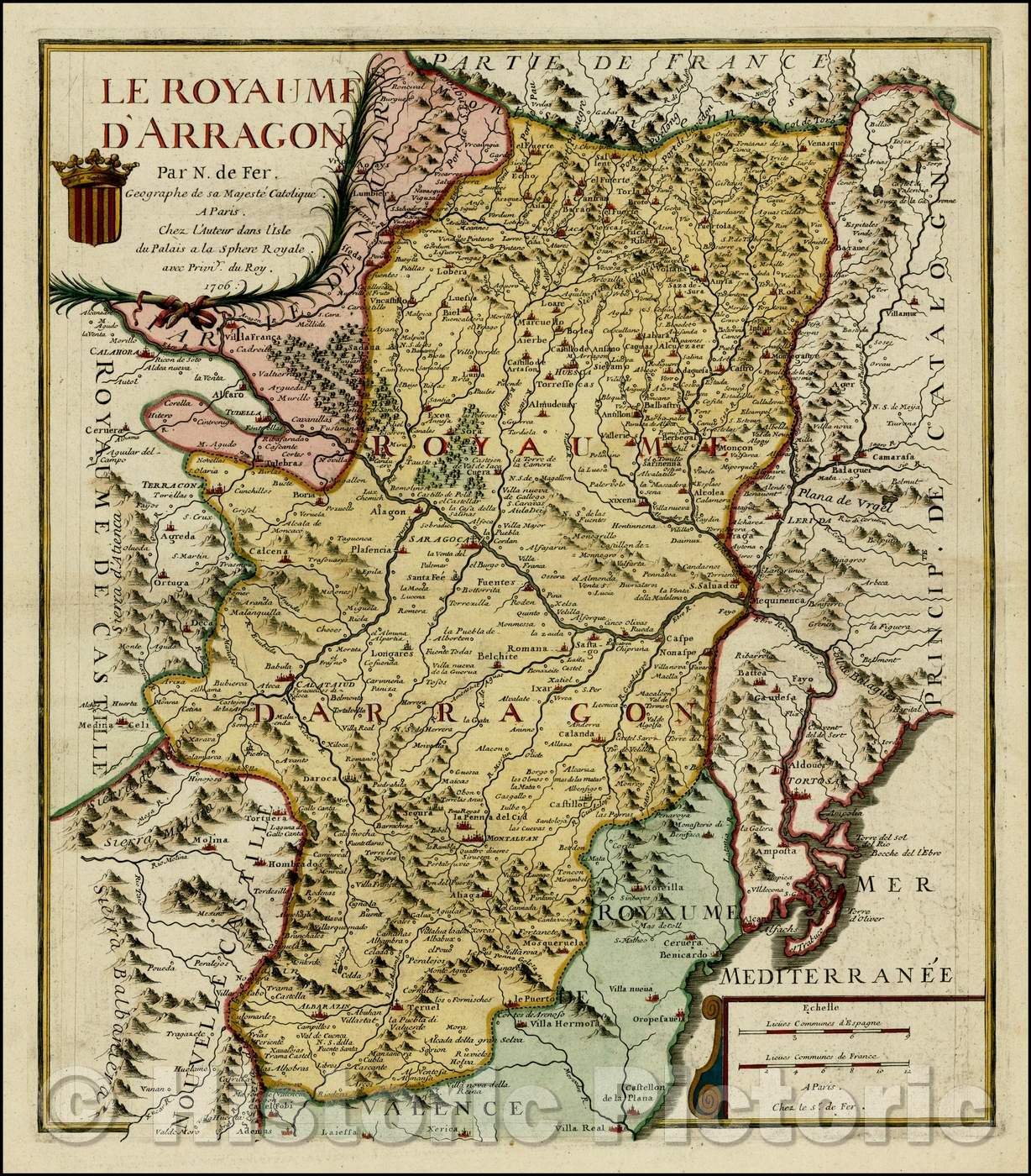 Historic Map - Le Royaume D'Arragon/Map of Aragon, with a coat of arms in the title, 1706, Nicolas de Fer - Vintage Wall Art