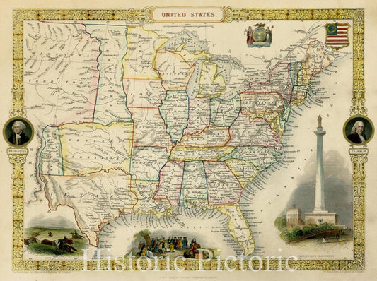 Historic Map - United States, 1851, John Tallis - Vintage Wall Art