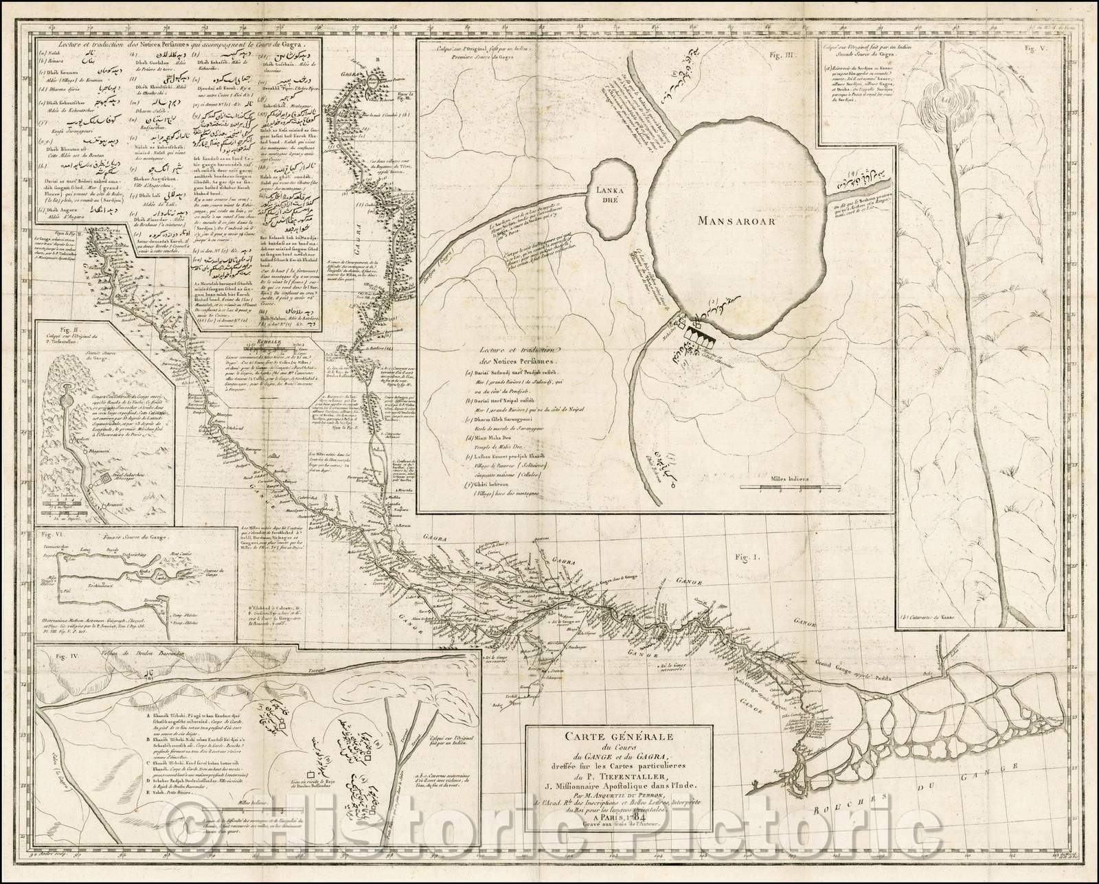 Historic Map - Carte Generale du Cours du Gange et du Gagra dressee sur les Cartes particulieres :: illustrating the course of the Ganges and Ghaghra rivers, 1784 - Vintage Wall Art