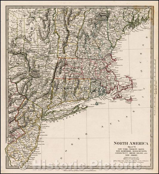 Historic Map - North America Sheet VI New-York, Vermont, Maine, New-Hampshire, Massachusetts, Connecticut, Rhode-Island, And New Jersey, 1845, SDUK - Vintage Wall Art