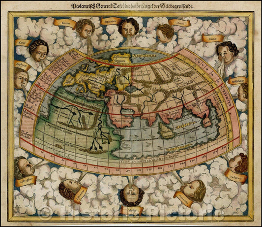 Historic Map - Ptolemeisch General Tafel/die hable kugel der Welt begreiffende/Ptolemeisch General begreiffende panel/the ball hable the world, 1552 - Vintage Wall Art