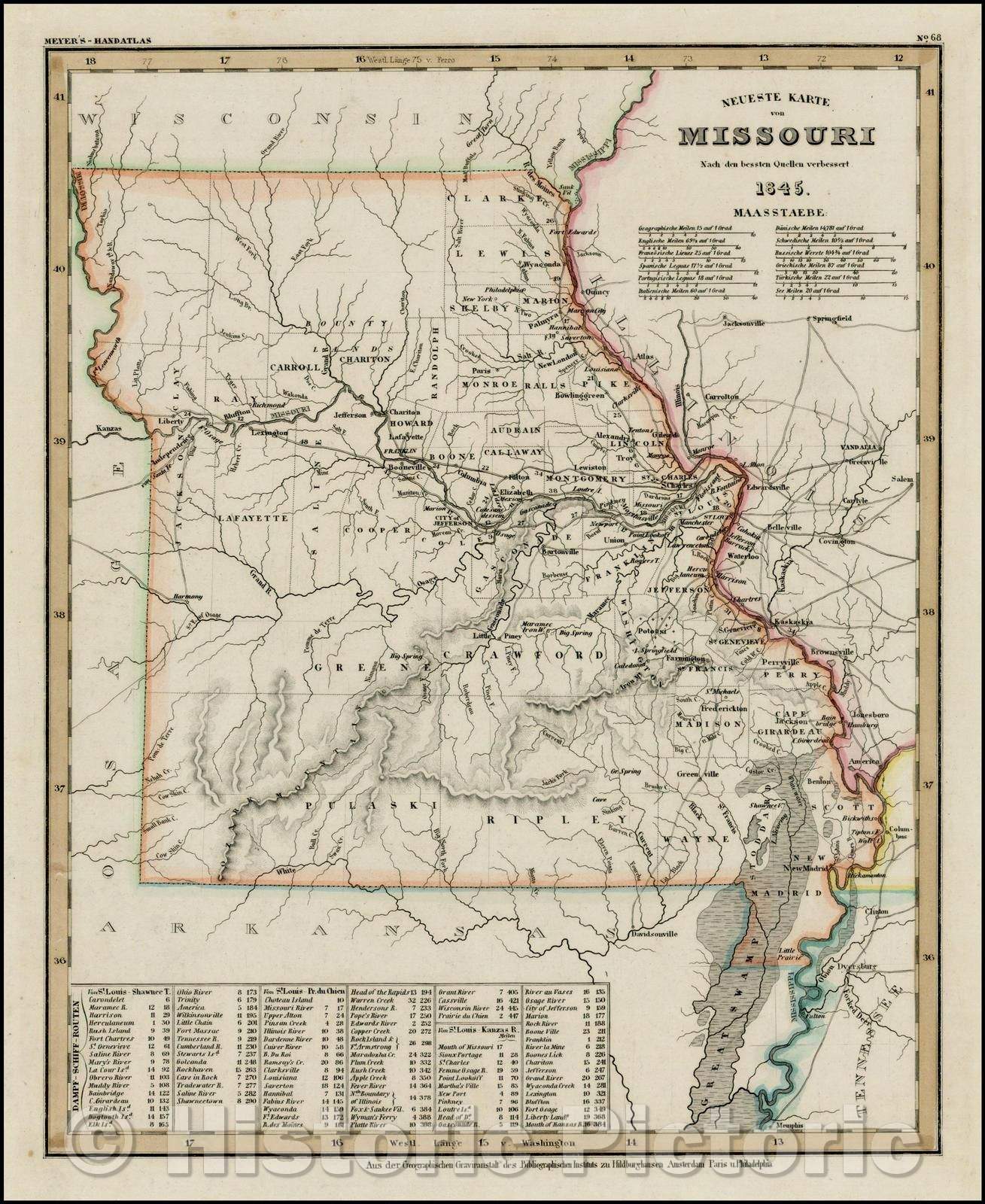 Historic Map - Neueste Karte von Missouri, 1845, Joseph Meyer - Vintage Wall Art