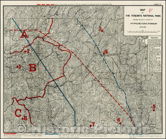 Historic Map - Map of the Yosemite National Park Prepared For Use of U.S. Troops, 1896, U.S. Government v1