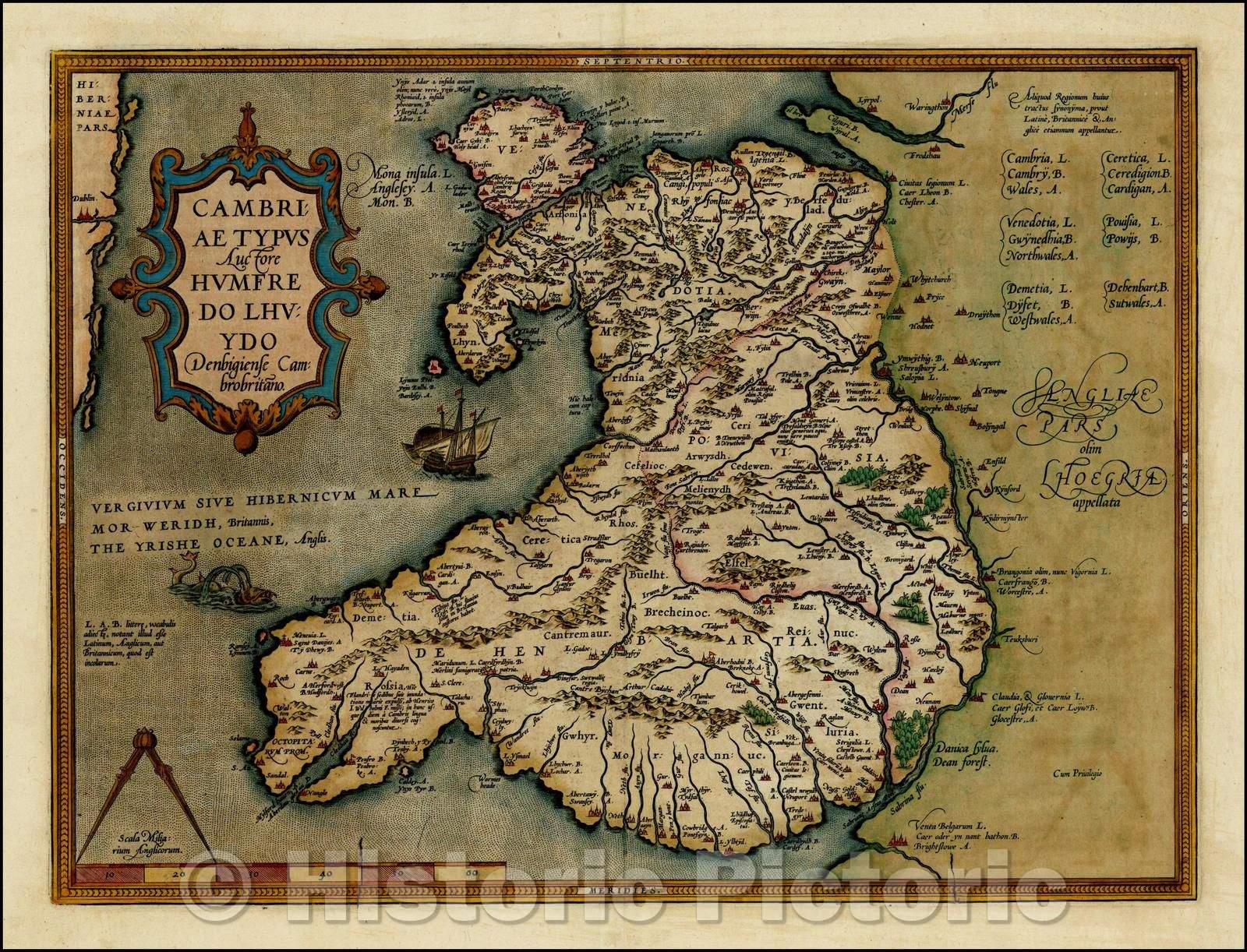 Historic Map - Cambriae Typus Auctore Humfredo Lhuydo, 1587, Abraham Ortelius - Vintage Wall Art
