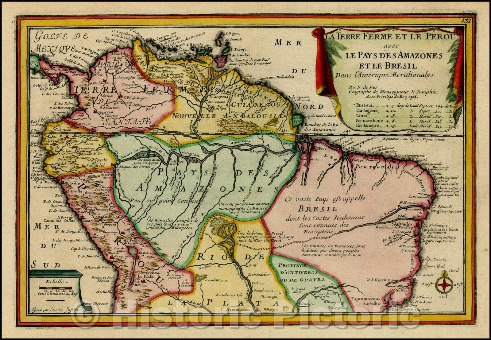 Historic Map - La Terre Ferme Et Le Perous avec Le Pays Des Amazones Et Le Bresil Dans L'Amerique Meridionale, 1705, Nicolas de Fer v1