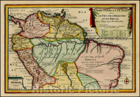 Historic Map - La Terre Ferme Et Le Perous avec Le Pays Des Amazones Et Le Bresil Dans L'Amerique Meridionale, 1705, Nicolas de Fer v1