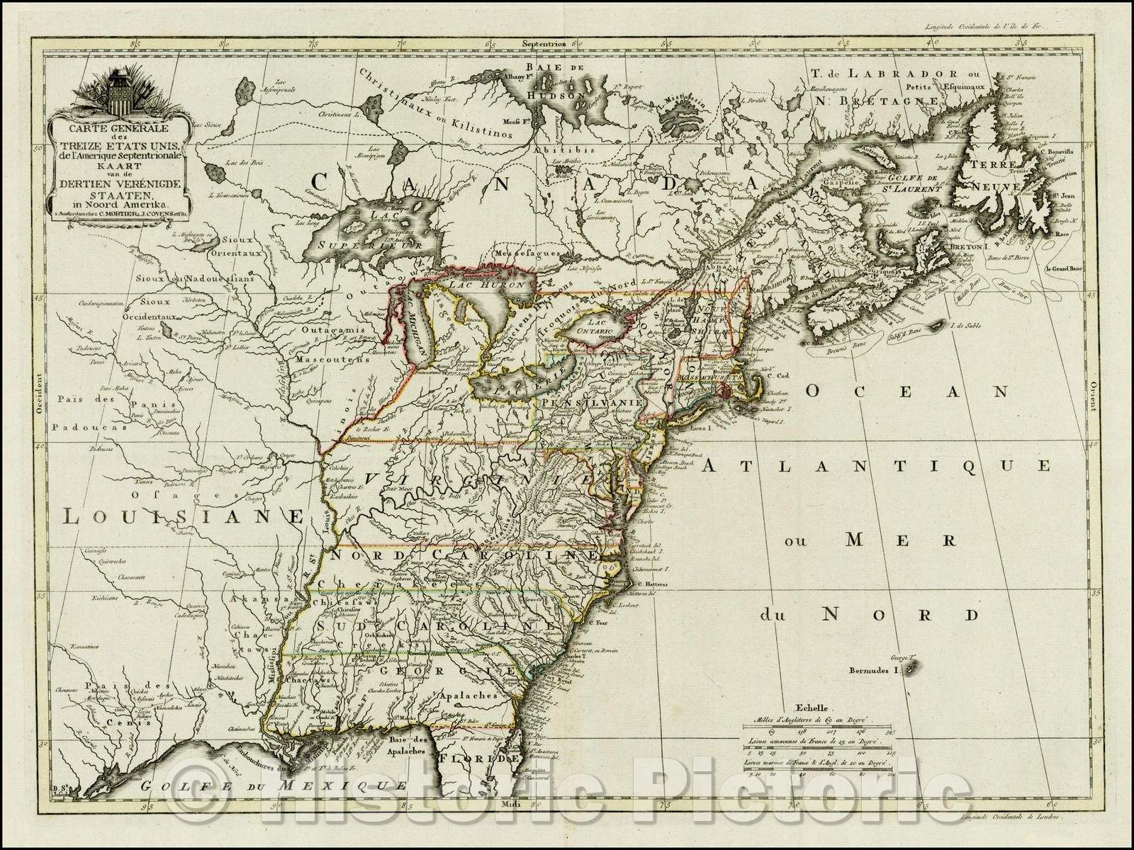 Historic Map - Carte Generale des Treize Etats Unis de L'Amerique Septentrionale/Covens & Mortier Map of the United States, 1783, Johannes Covens - Vintage Wall Art