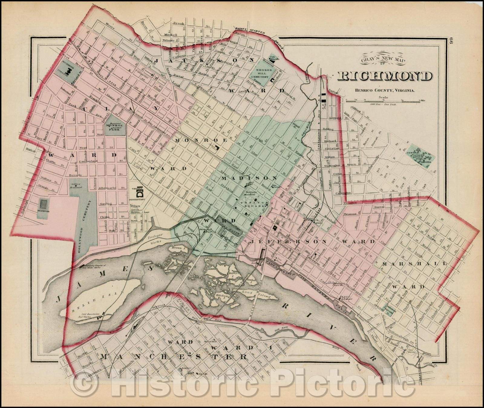 Historic Map - Gray's New Map of Richmond Henrico County, Virginia, 1875, O.W. Gray - Vintage Wall Art