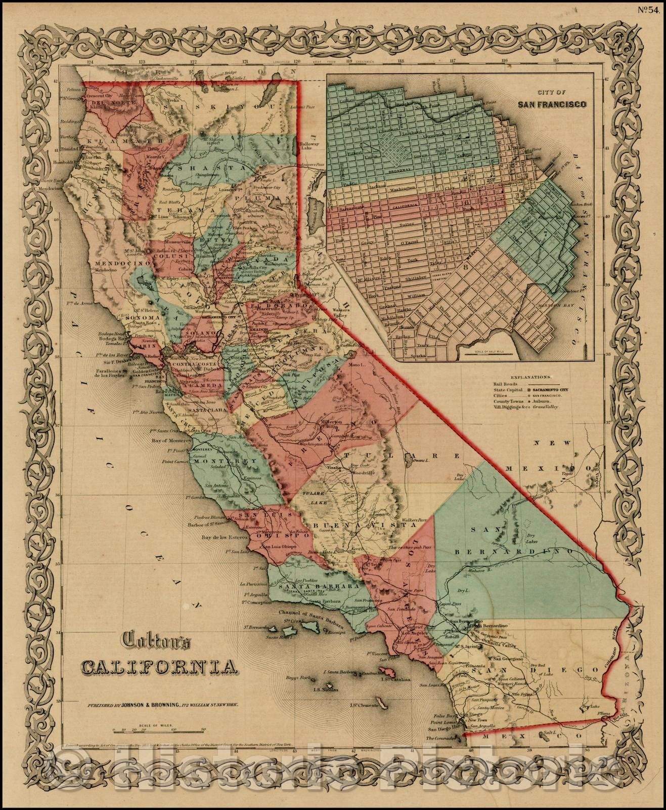 Historic Map - Colton's California, 1860, Joseph Hutchins Colton - Vintage Wall Art