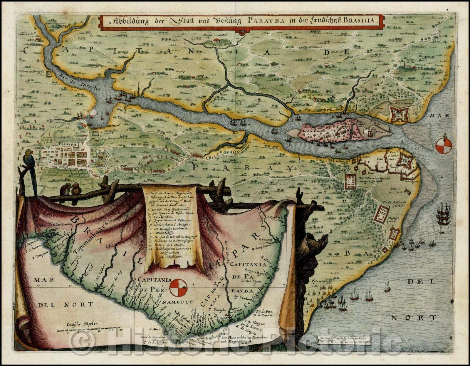 Historic Map - Abbildung der Statt und Vestung Parayba in der Landschaft Brasilia/Figure the governor and Vestung Parayba in the landscape Brasilia, 1639 - Vintage Wall Art