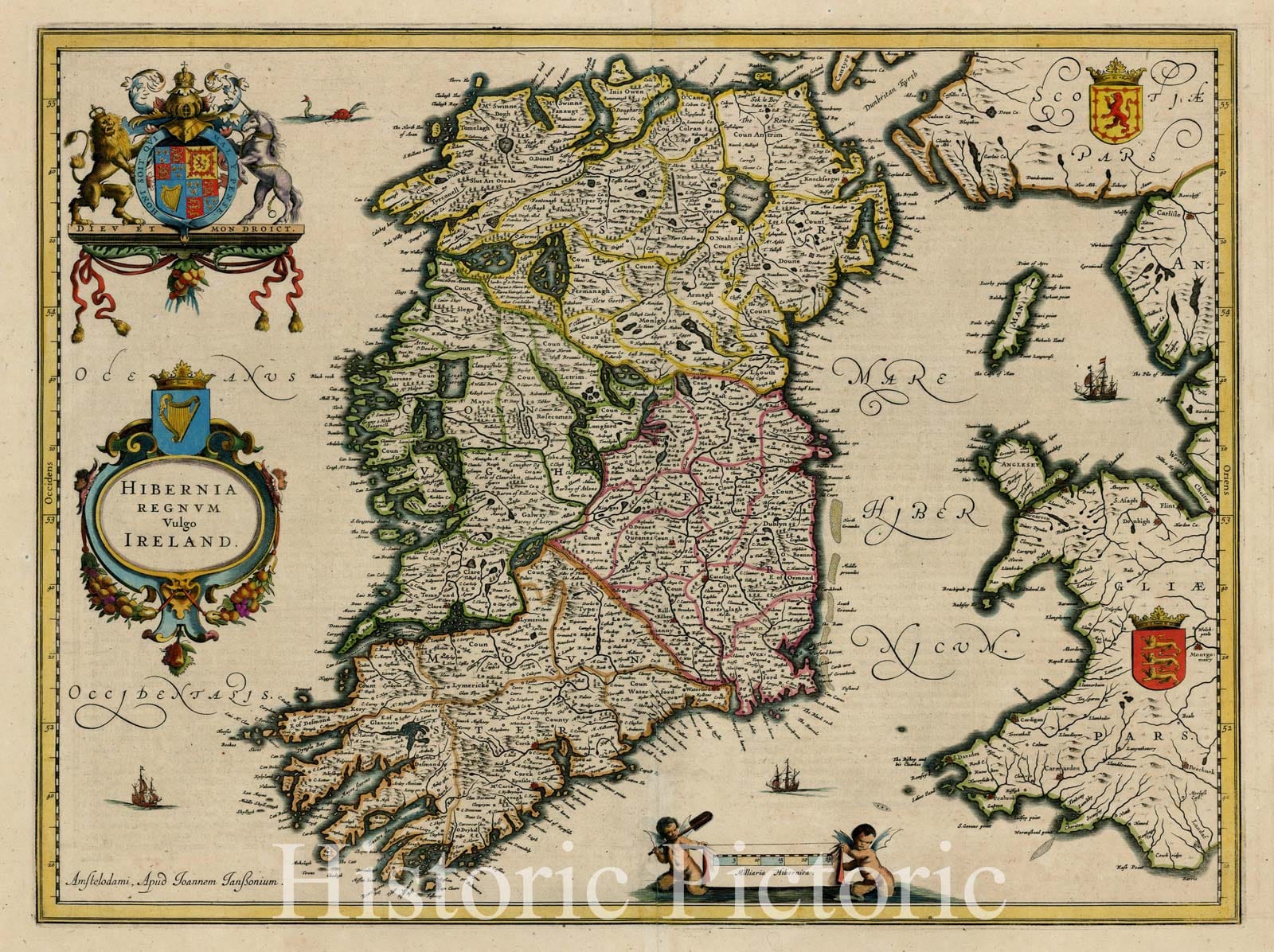 Historic Map - Hibernia Regnum Vulgo Ireland/Jansson's Map of Ireland, 1636, Jan Jansson - Vintage Wall Art