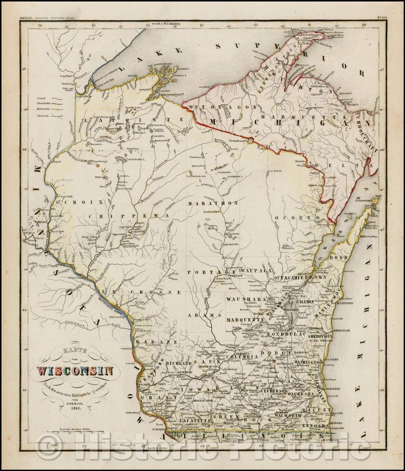 Historic Map - Karte von Wisconsin/Map of Wisconsin, 1852, Joseph Meyer - Vintage Wall Art