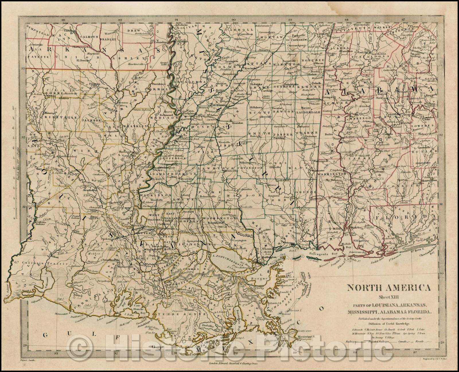 Historic Map - North America Sheet XIII Parts of Louisiana, Arkansas, Mississippi, Alabama & Florida, 1833, SDUK - Vintage Wall Art
