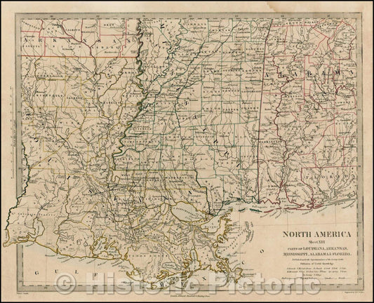 Historic Map - North America Sheet XIII Parts of Louisiana, Arkansas, Mississippi, Alabama & Florida, 1833, SDUK - Vintage Wall Art
