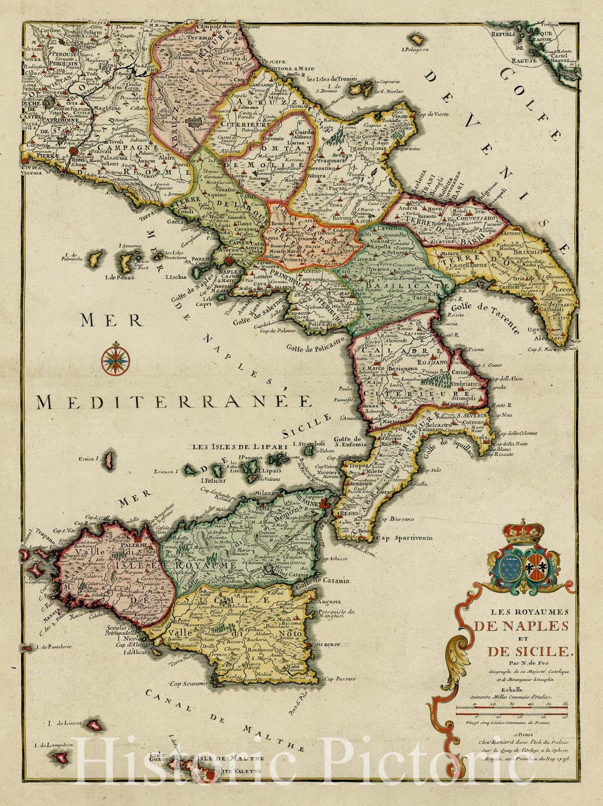 Historic Map - Les Royaumes De Naples et De Sicile/Danet's edtion of Nicolas De Fer's Map of Sicily, Southern Italy and Malta, 1738, Nicolas de Fer - Vintage Wall Art