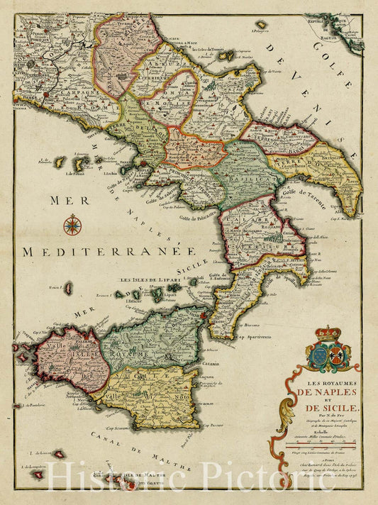 Historic Map - Les Royaumes De Naples et De Sicile/Danet's edtion of Nicolas De Fer's Map of Sicily, Southern Italy and Malta, 1738, Nicolas de Fer - Vintage Wall Art