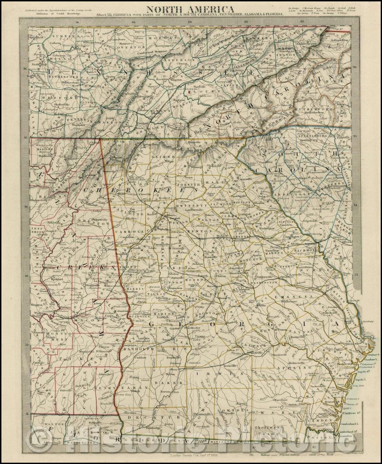 Historic Map - North America Sheet XII Georgia With Parts Of North Carolina, Tennessee, Alabama, Florida, 1853, SDUK - Vintage Wall Art