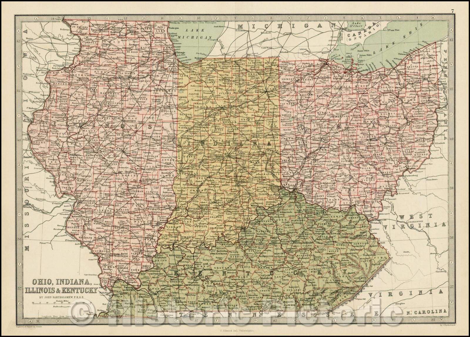 Historic Map - Ohio, Indiana, Illinois & Kentucky, 1875, T. Ellwood Zell - Vintage Wall Art