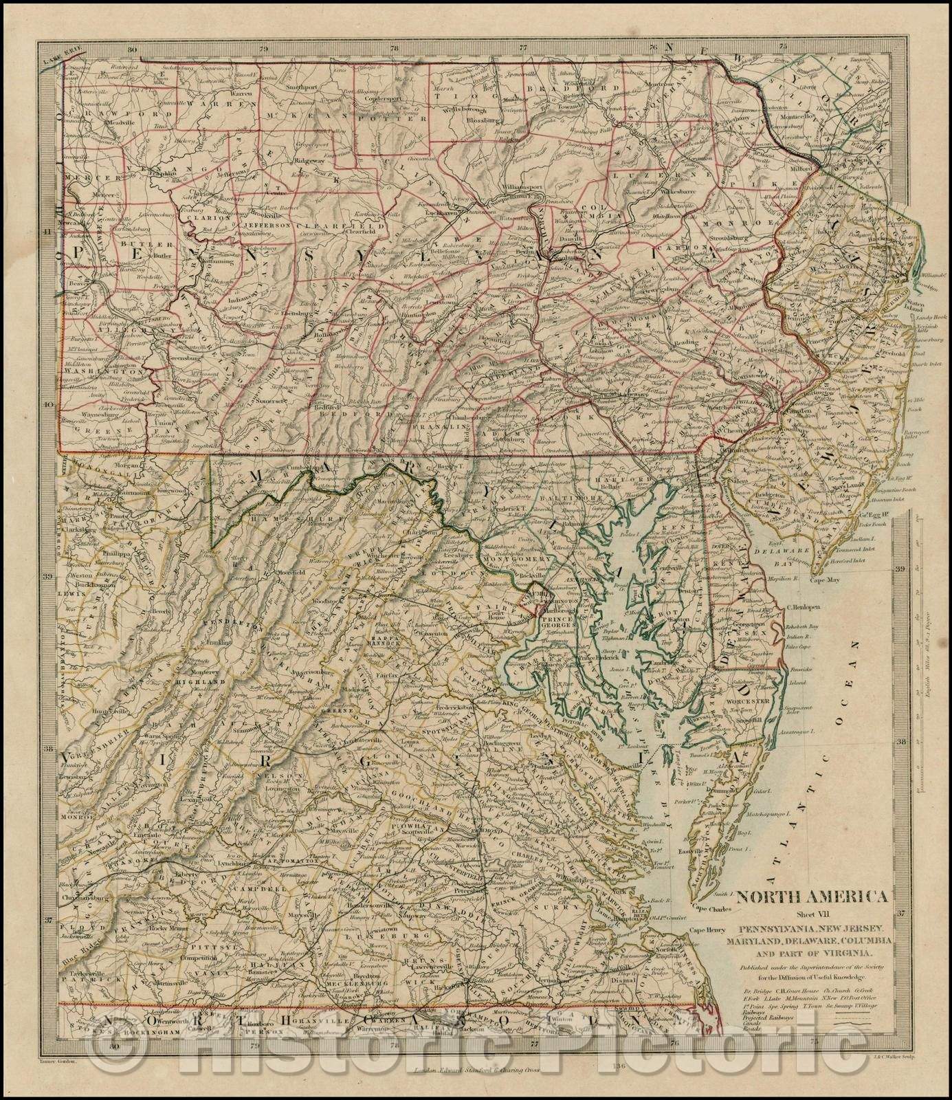 Historic Map - North America Sheet VII, Pennsylvania, New Jersey, Maryland, Delaware Columbia and Part of Virginia, 1844, SDUK v1