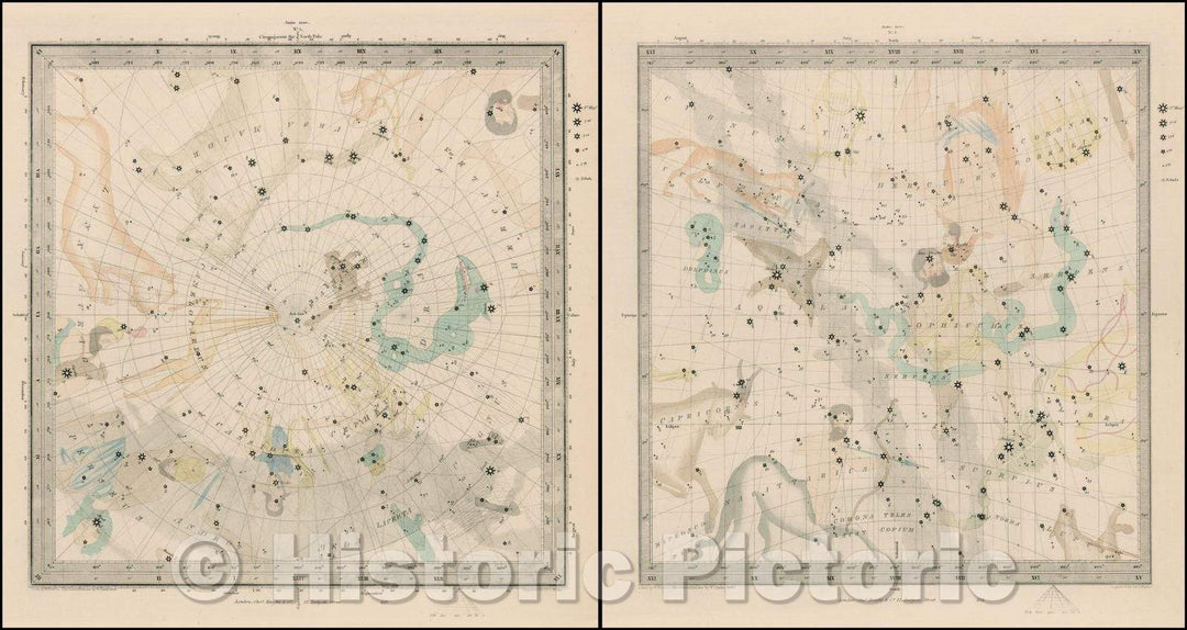 Historic Map - Ursa Major, Cassiopea, Persius, Saggitarius, Capricorn, Ophiccus, Scorpius :: Celestial Charts, hand colored constellations, 1830 - Vintage Wall Art