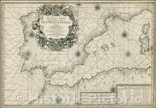 Historic Map - Nouvelle Carte Generalle De La Mer Mediter/Sea Chart of Western Mediterraenean Coast, from Spain and Gibraltar to Corsica and Sardinia, 1726 - Vintage Wall Art