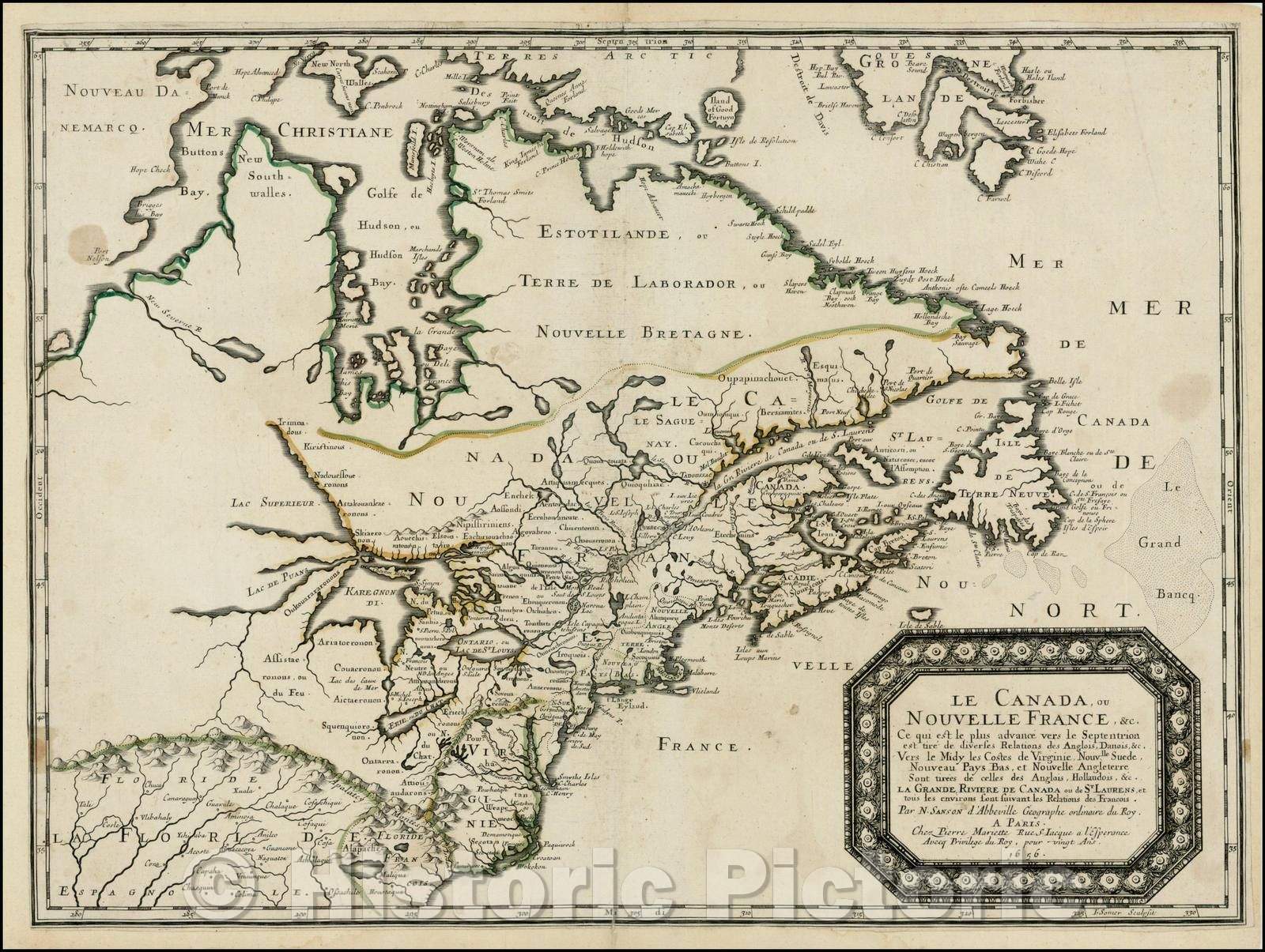 Historic Map - Le Canada ou Nouvelle France Ce qui set les plus advance vers le Septenrion est tier de dives Relations des Anglois, Danois, 1656, Nicolas Sanson v1