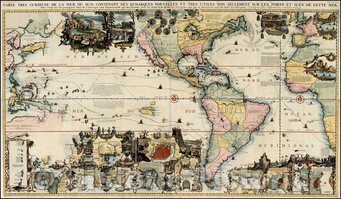 Historic Map - Carte Tres Curieuse De La Mer Du Sud Contenant Des Remarques Nouvelles Et Tres Utiles Non Seulement Sur Les Ports, 1719, Henri Chatelain v1