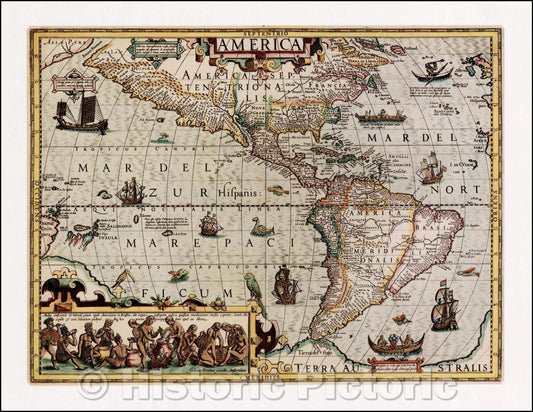 Historic Map - America (Modern Reproduction), 1606, Jodocus Hondius - Vintage Wall Art