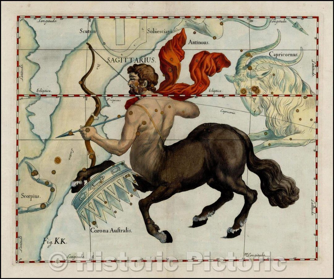 Historic Map - Sagittarius (Stars heightened in gold), 1687, Johannes Hevelius - Vintage Wall Art