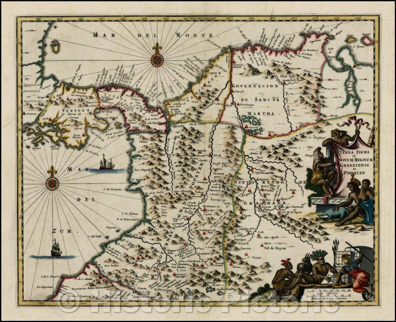 Historic Map - Terra Firma et Novum Regnum Granatense et Popayan, 1671, John Ogilby - Vintage Wall Art