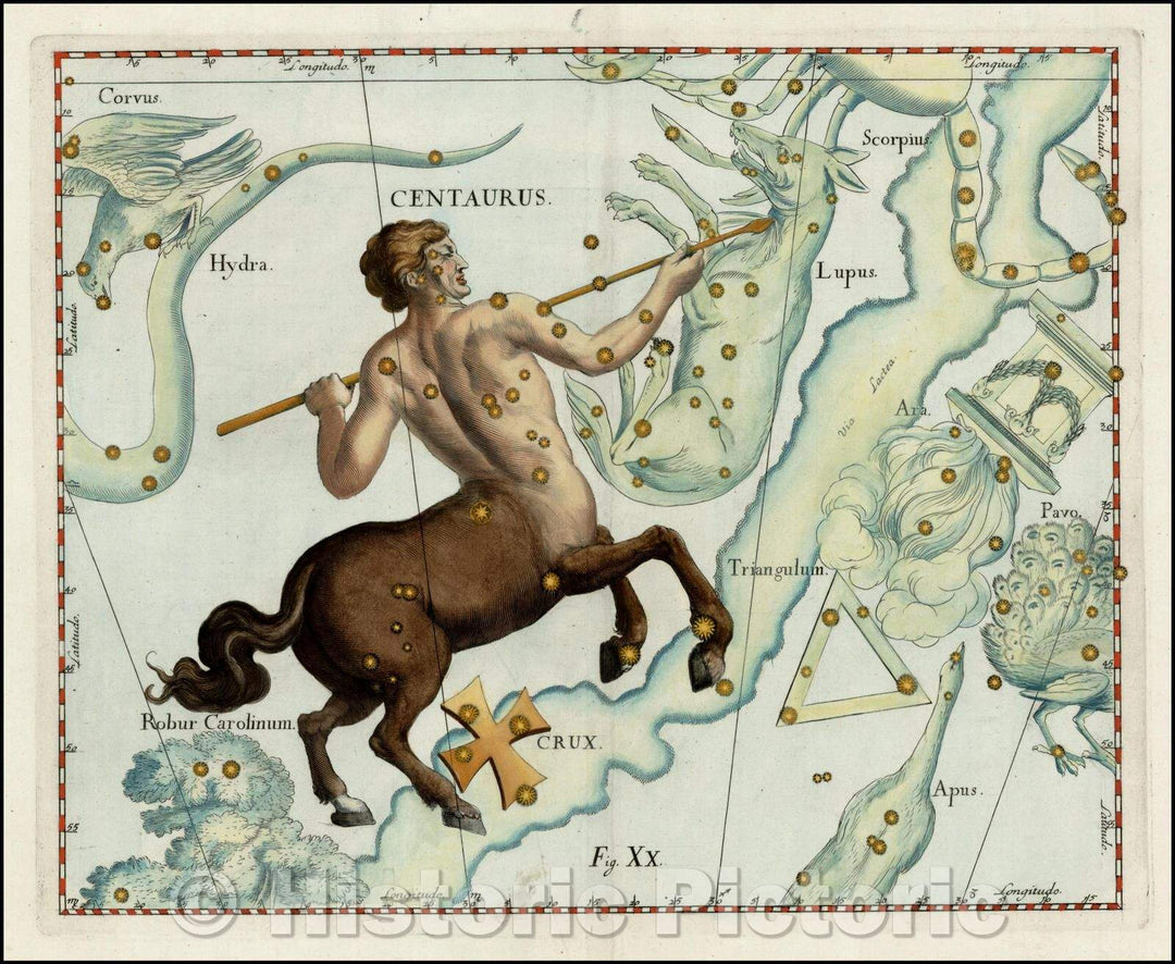 Historic Map - Centaurus (Stars heightened in gold), 1687, Johannes Hevelius - Vintage Wall Art