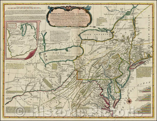 Historic Map - Middle British Colonies In America, Virginia, Maryland, Delaware, Pennsylvania, New Jersey, New York, Connecticut, Rhode Island, 1755 - Vintage Wall Art