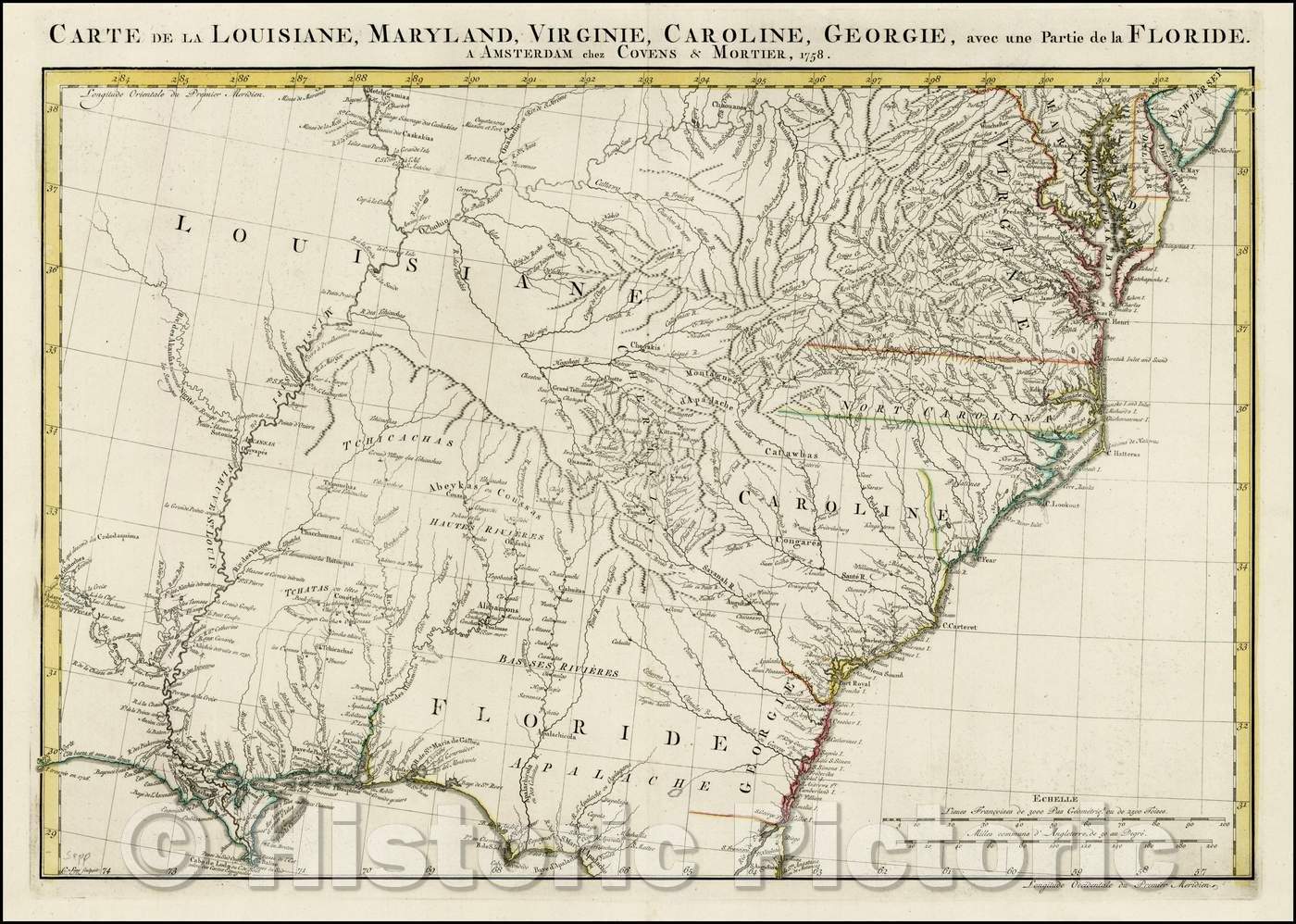 Historic Map - Louisiane, Maryland, Virginie, Caroline, Georgie, avec une Par :: Card Louisiana, Maryland, Virginia, Carolina, Georgia, with a Party of Flor, 1758 - Vintage Wall Art