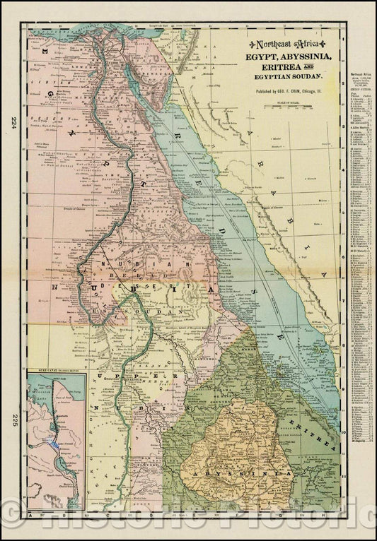 Historic Map - Northeast Africa Egypt, Abyssinia, Eritrea and Egyptian Sudan, 1898, George F. Cram - Vintage Wall Art