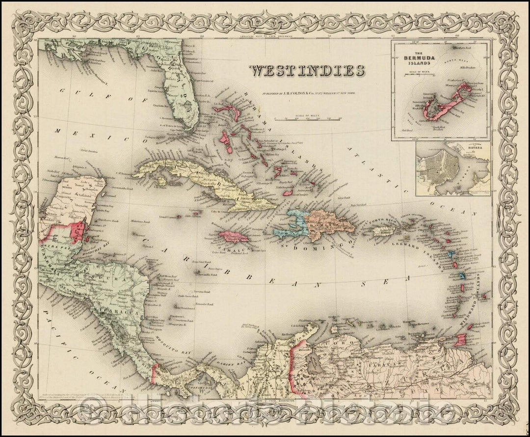 Historic Map - West Indies Bermuda and Havana insets, 1855, Joseph Hutchins Colton v1