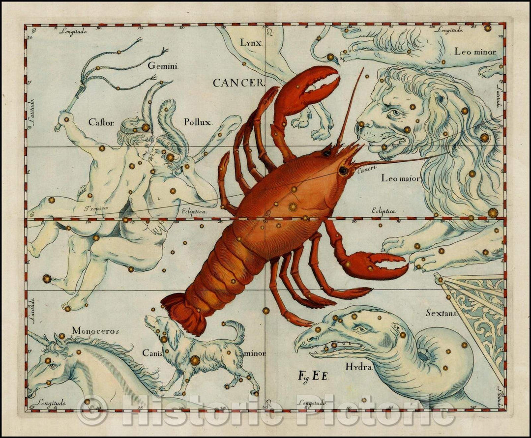 Historic Map - Cancer (Stars heightened in gold), 1687, Johannes Hevelius - Vintage Wall Art