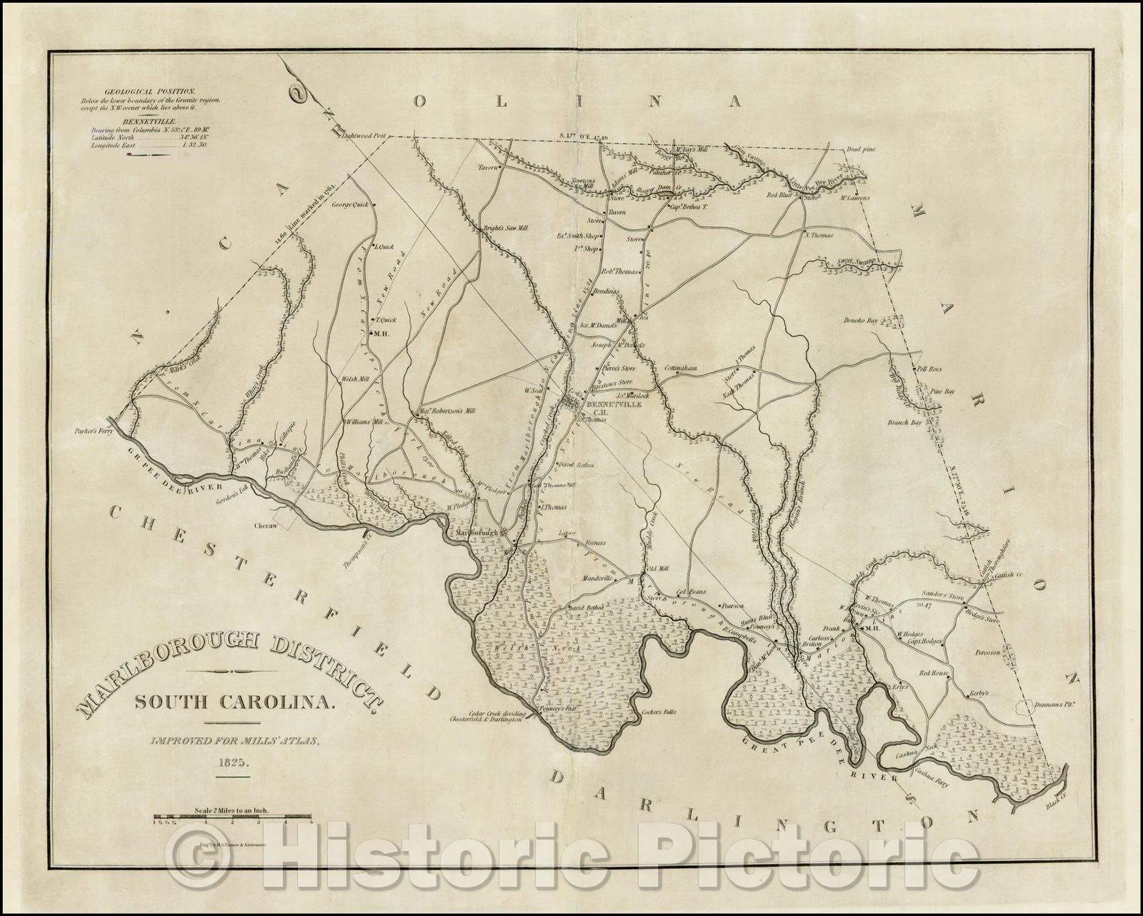 Historic Map - Marlborough District, South Carolina. Improved for Mills' Atlas, 1825, Robert Mills - Vintage Wall Art
