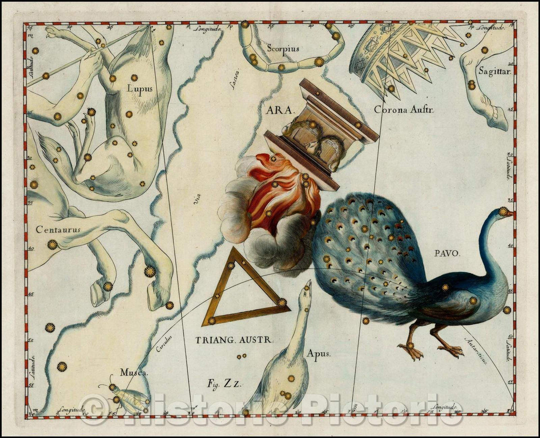 Historic Map - Pavo, Ara. and Triang. Austr. (Stars heightened in gold), 1687, Johannes Hevelius - Vintage Wall Art