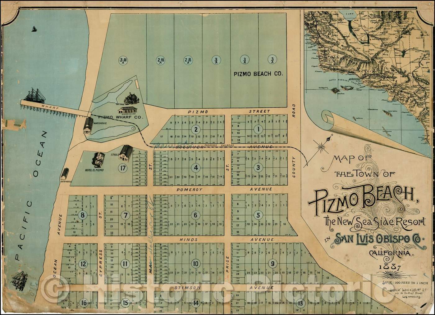 Historic Map - Map of the Town of Pizmo Beach, The New Sea Side Resort in San Luis Obispo Co. California, 1887, Schmidt Label & Litho. Co. - Vintage Wall Art