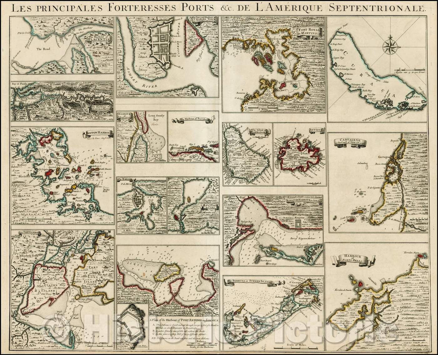 Historic Map - Les Principales Forteresses Ports De L'Amerique Septentrionale :: Chart showing 18 separate inset Maps, harbors, towns and islands in America, 1745 - Vintage Wall Art